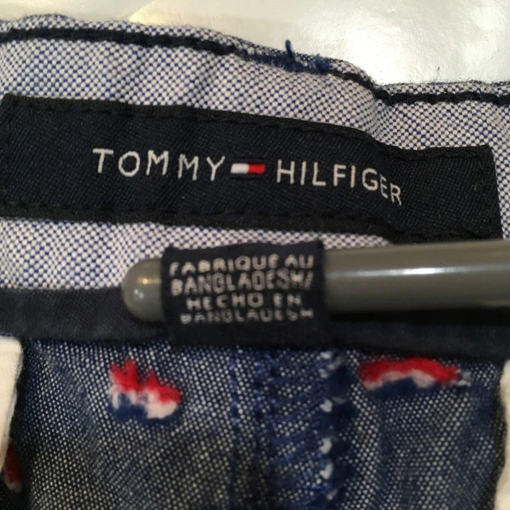 Tommy Hilfiger Logo Print Chino Shorts Mens 30 Blue Chambray‎ Nautical Preppy